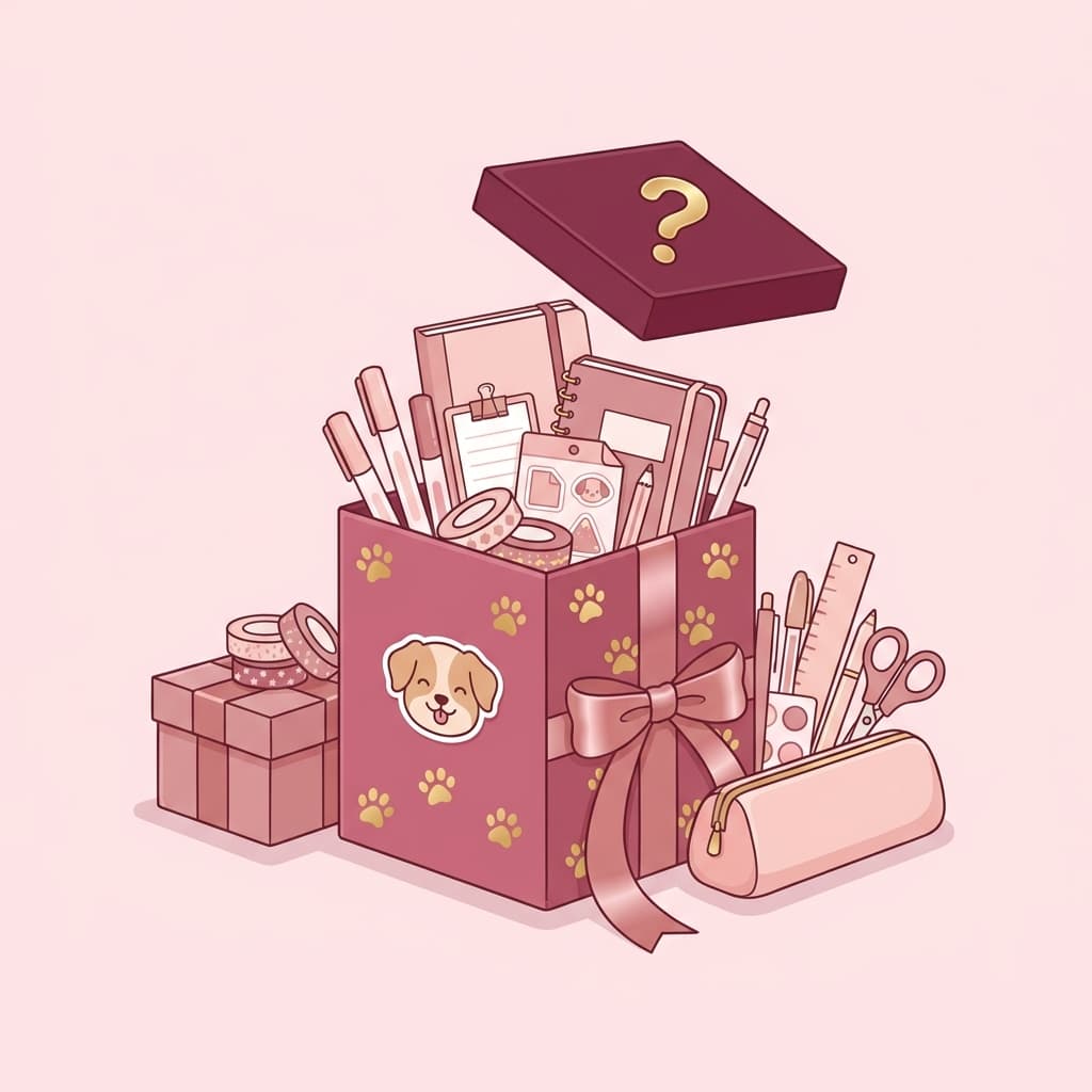 Ilustração da Scoop Misteriosa: uma caixa surpresa rosa com patinhas douradas transbordando de canetas, cadernos, washi tapes e adesivos